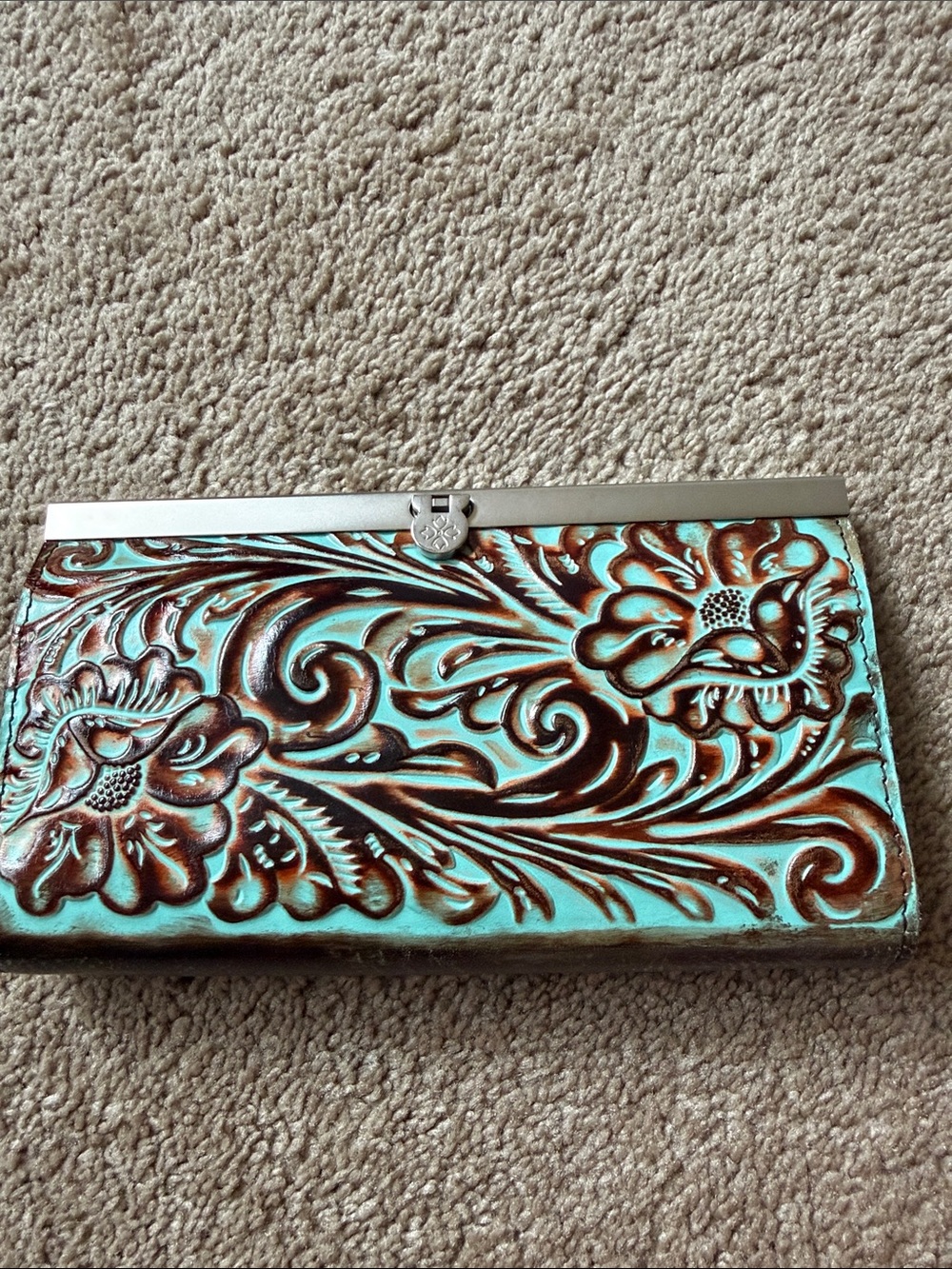 Patricia Nash Turquoise Floral Tooled Leather Wallet Clutch